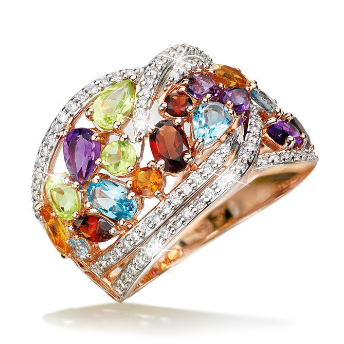Anillo ALLEGRIA: 104 Topacios blancos, 4 Topacios azul suizo, 3 Granates, 4 Citrinos, 6 Amatistas y 3 Peridotos