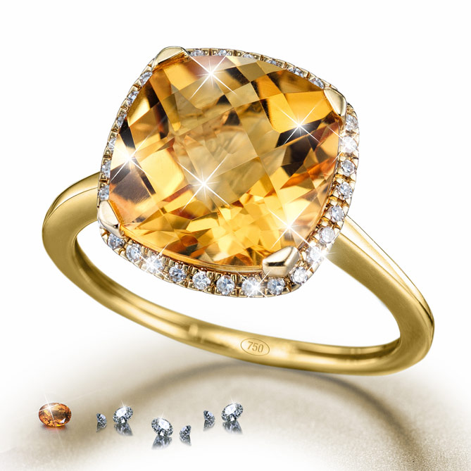 Anillo LUXURY Citrino: 1 Citrino, talla cojín, engaste en garras