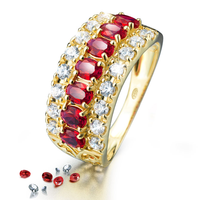 Anillo SEMANARIO DE RUBÍES: 7 Rubíes, talla oval, engaste en garras
