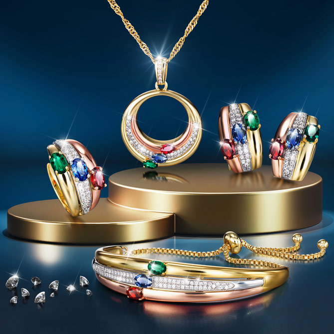 Conjunto ELEGANCIA TRICOLOR: Diseño dorado mediante baño de Oro de 1ª Ley en 3 tonos: amarillo, rosa y blanco