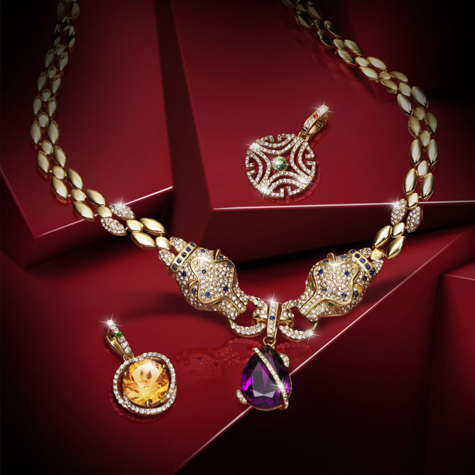 Conjunto París Glamour: Piedras Preciosas auténticas, cristales de Swarovski, Circonitas, Cristal checo, acabados en Oro de 1ª Ley
