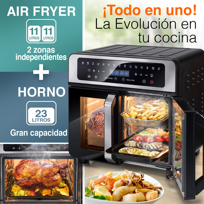 Freidora de Aire + Horno DUAL CHEF EVOLUTION: Panel táctil LCD, pulsar y listo: con modo manual