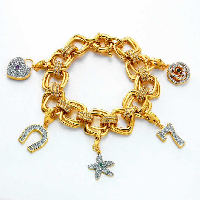Pulsera de oro con 5 charms de los Buenos Deseos: Piedras preciosas, Oro de Primera Ley y Cristales de Swarovski
