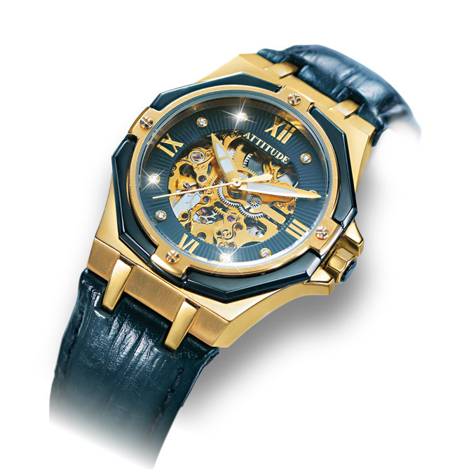 Reloj-Joya ATTITUDE Automatic: Caja, corona, bisel y hebilla de Acero 316L, Quirúrgico y Antialérgico, dorado mediante baño de Oro de 1ª Ley IPG