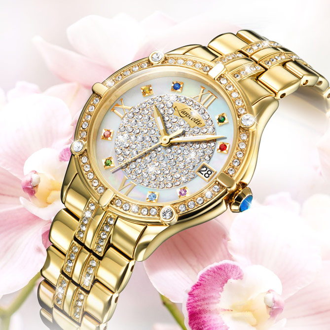 Reloj-Joya LUXURY: Caja, corona y brazalete de Acero 316L, Quirúrgico y Antialérgico, acabado en Oro de 1ª Ley