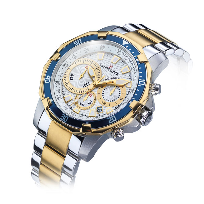 Reloj Cronógrafo RECORD: 100% Acero inoxidable 316L con dorado selectivo mediante baño de Oro de 1ª Ley IPG