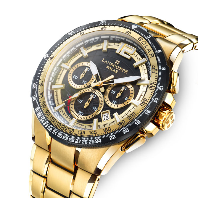 Reloj Cronógrafo Solar ODISSEY: 100% Acero 316L, Quirúrgico y Antialérgico, dorado mediante baño de Oro de 1ª Ley