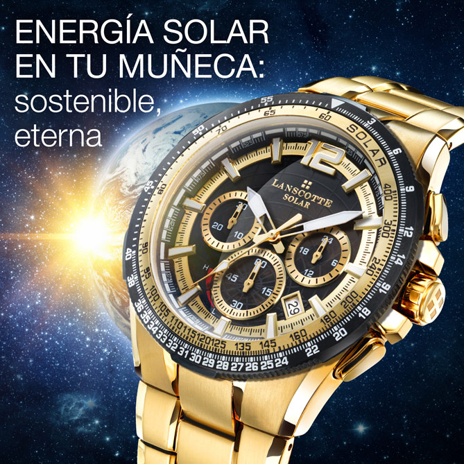 Reloj Cronógrafo Solar ODISSEY: 100% Acero 316L, Quirúrgico y Antialérgico, bañado en Oro de 1ª Ley IPG