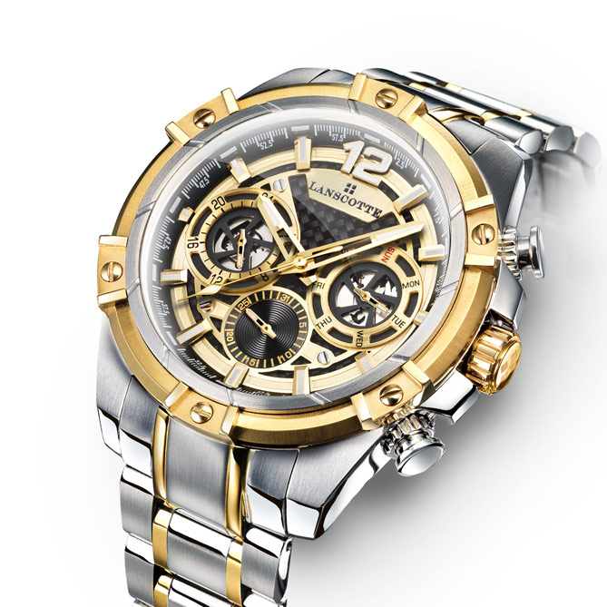 Reloj Multifunción TECNO DUAL: 100% Acero 316L, Quirúrgico y Antialérgico, dorado mediante baño selectivo en Oro amarillo de 1ª Ley IPG