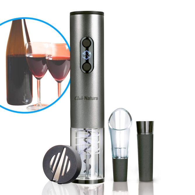 Set de Vino “4 en 1” con Sacacorchos Eléctrico: sólo tendrás que pulsar un botón y extraerá el corcho en apenas 5 segundos